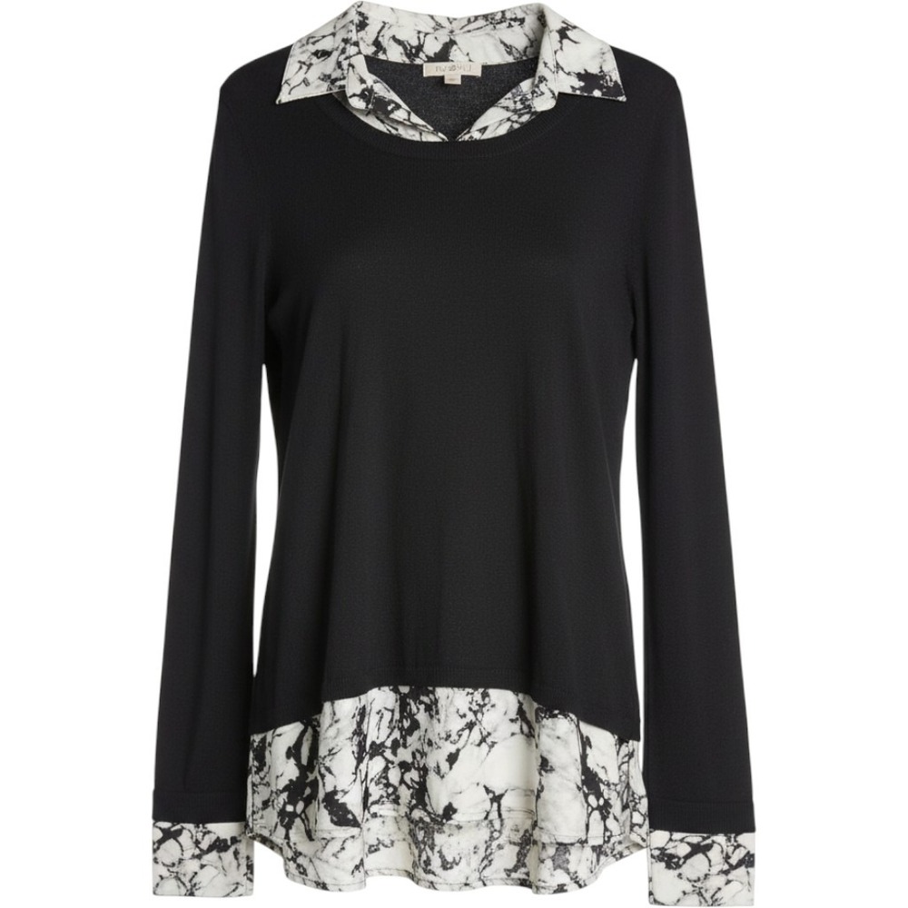 Roz & Ali Sweater Top Womens M Black Marble Print Layered Look 2-in-1 Knit‎